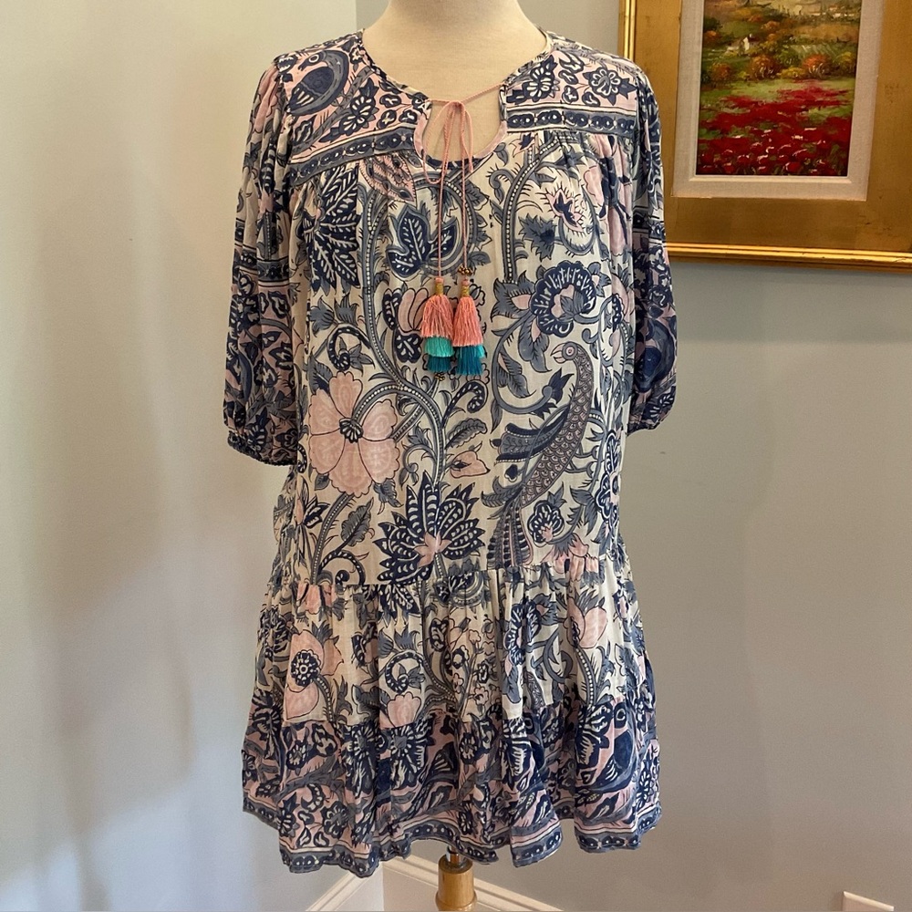 Bell Amelia Mini Dress Blue Pink‎ Floral Tassel Detail